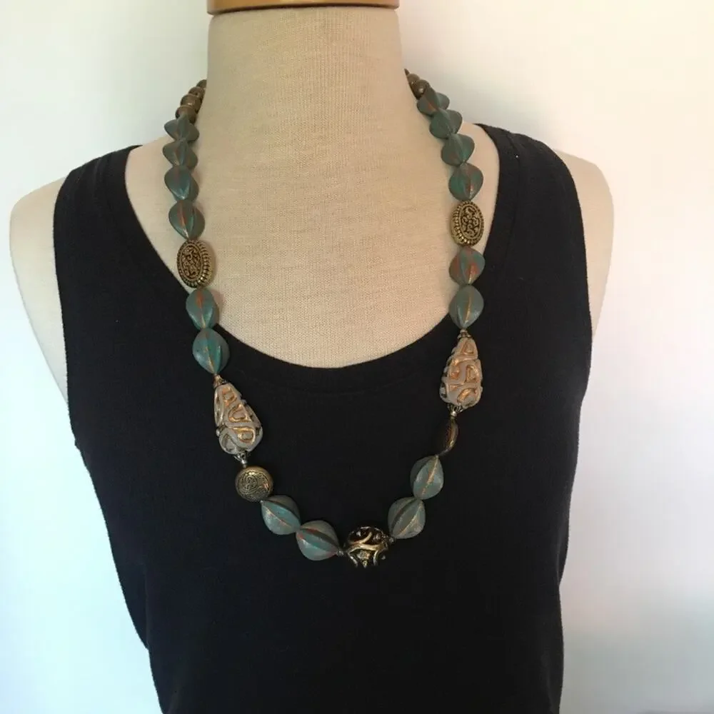 Teal / bronze / gold tone mixed textures statement necklace